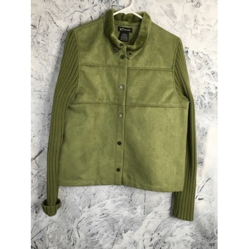 NWOT eStudio Green Suede Brushed Collared Button Sweater Jacket Women L Korea